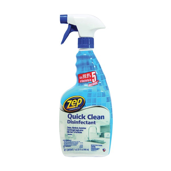 Zep ZUQCD32 Quick Clean Disinfectant, 32 oz, Liquid, Light Blue