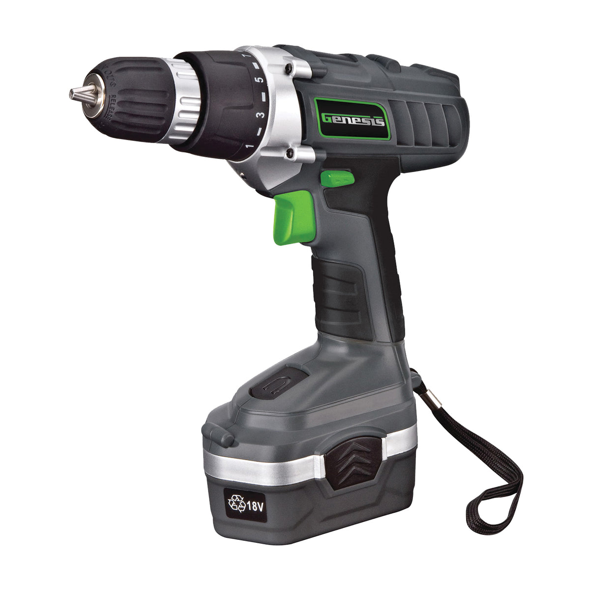 Genesis GCD18BK Drill/Driver, Battery Included, 18 V, 3/8 in Chuck, Keyless Chuck