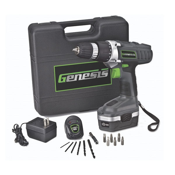 Genesis GCD18BK Drill/Driver, Battery Included, 18 V, 3/8 in Chuck, Keyless Chuck