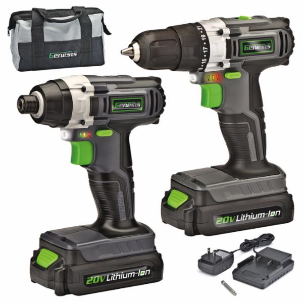 Genesis GL20DIDKA2 Combination Kit, Battery Included, 20 V, 2-Tool, Tools Included: (1) Drill, (1) Impact Driver
