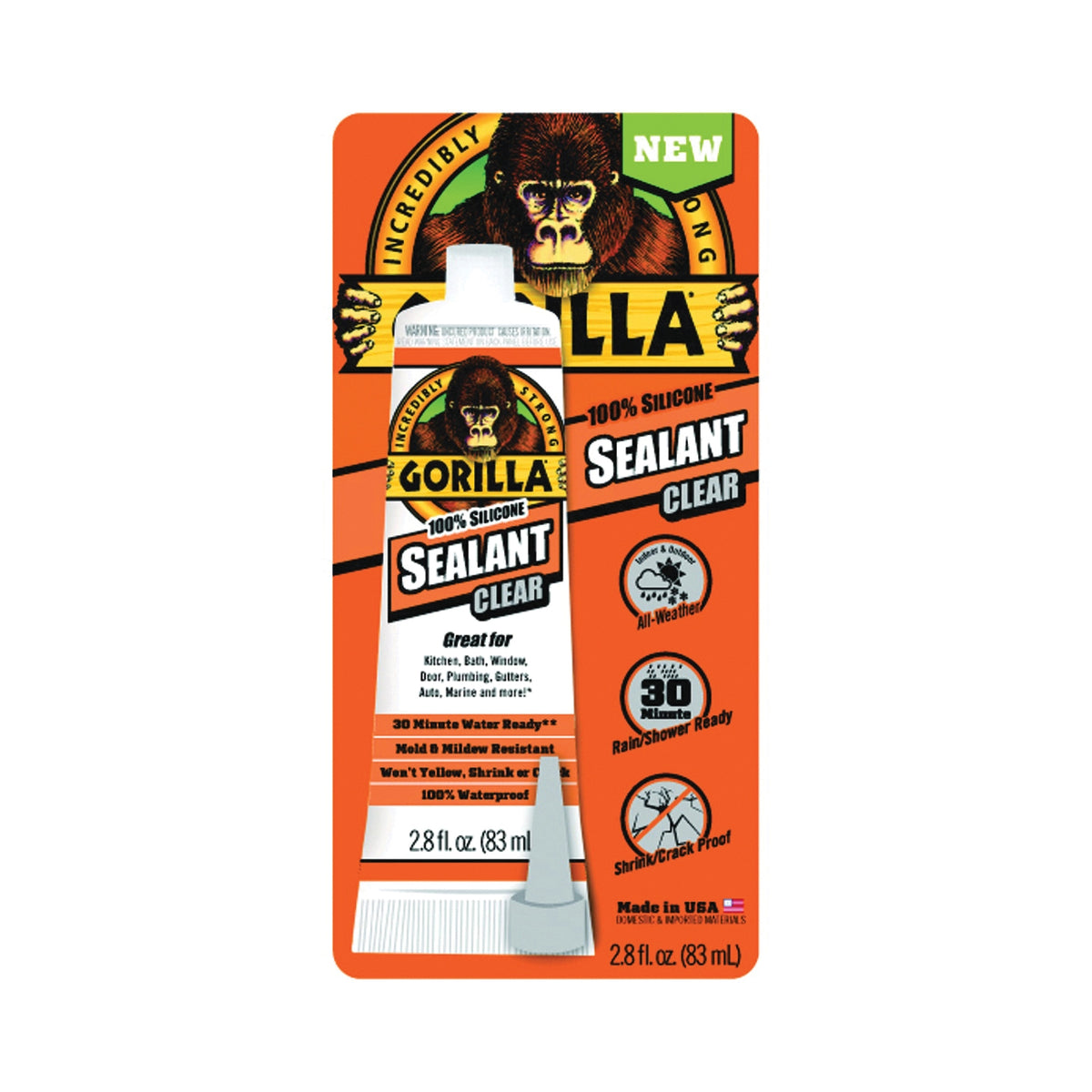 Gorilla 8090002 Silicone Sealant, Clear, -40 to 350 deg F, 2.8 oz Tube