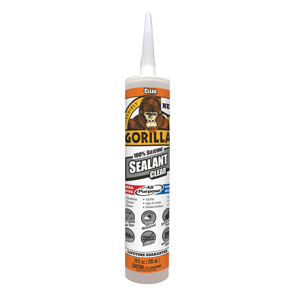 Gorilla 8050002 Silicone Sealant, Clear, 1 days Curing, -40 to 350 deg F, 10 oz Cartridge