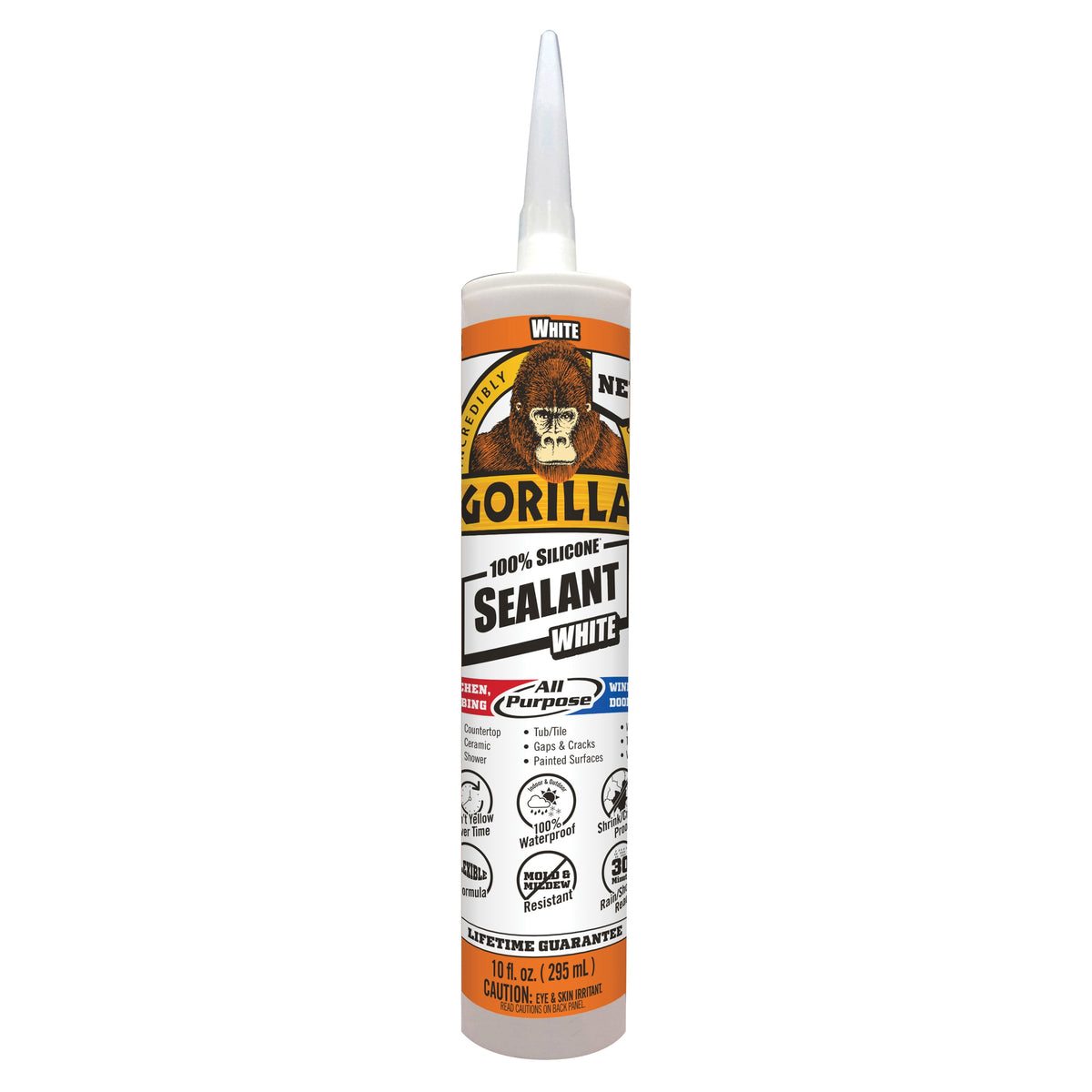 Gorilla 8060002 Silicone Sealant, White, 1 days Curing, -40 to 350 deg F, 10 oz Cartridge