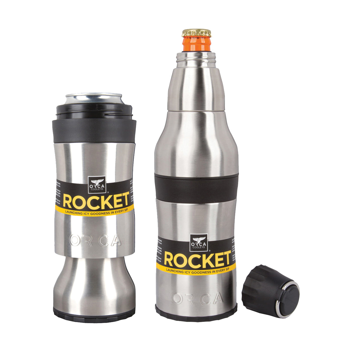 ORCA Rocket ORCROCK Bottle and Can Beverage Holder, 3-3/4 in Dia x 10-7/8 in H, 12 oz Can/Bottle, Stainless Steel