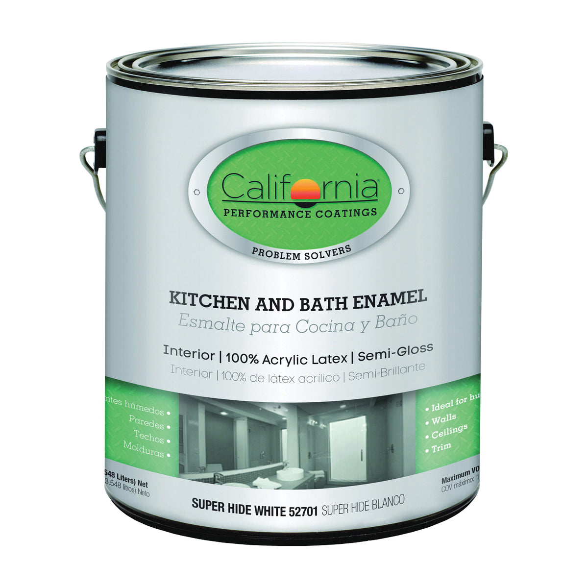 California Paints 52701-1 Kitchen and Bath Paint, Semi-Gloss, White, 1 gal, Can, Latex Base