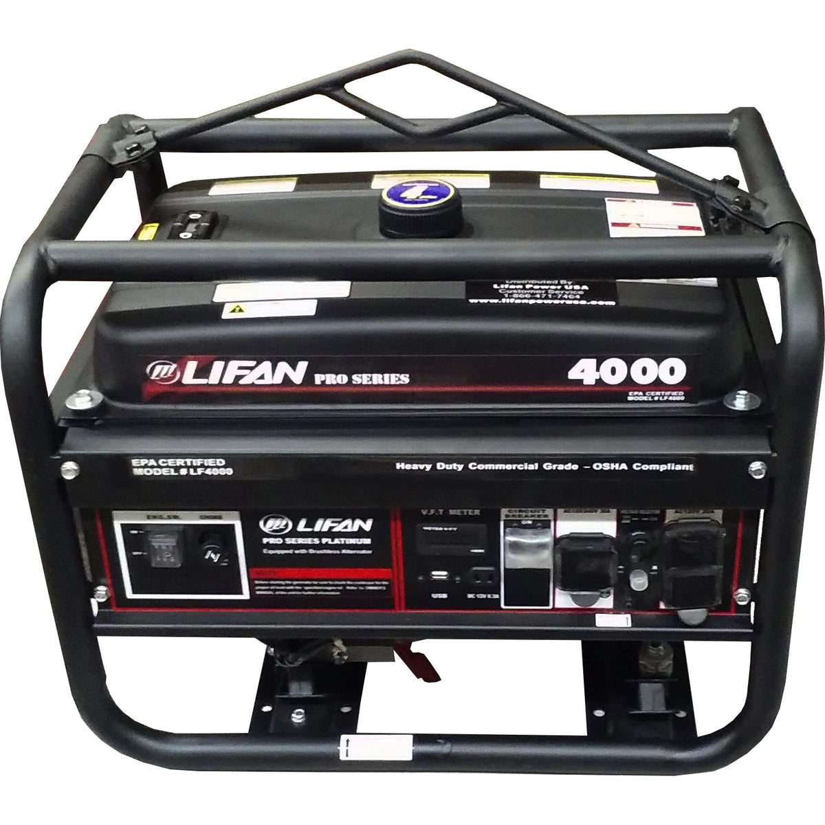 LIFAN LF4000 Portable Generator, 30 A, 120/240 V, 4000 W Output, Unleaded Gas, 4 gal Tank, 12 hr Run Time