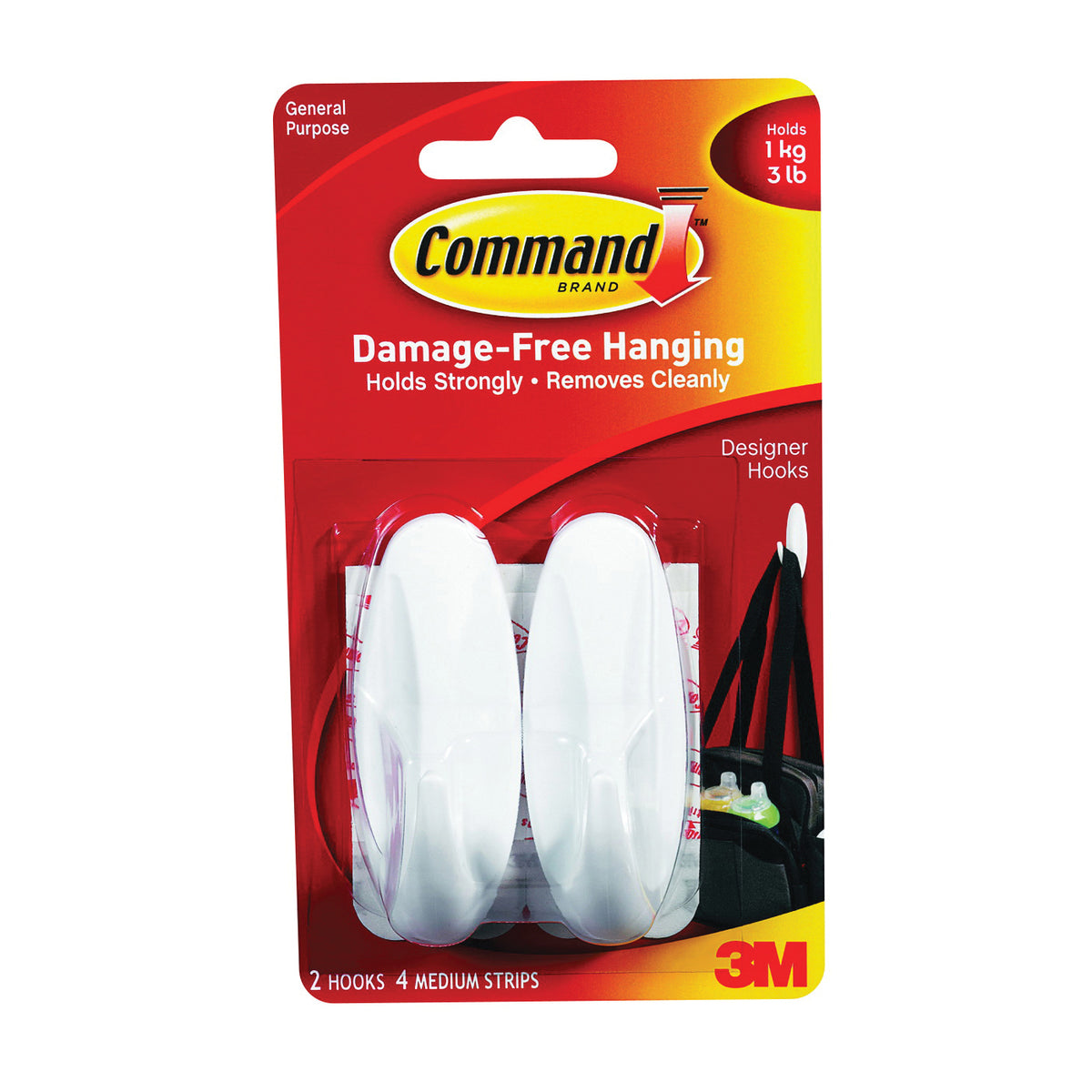 Command 17081 Designer Hook, 5/8 in Opening, 3 lb, 2-Hook, Plastic, White