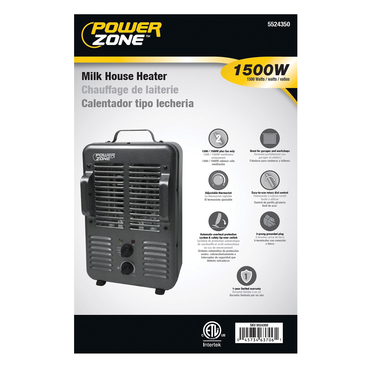 PowerZone BNS-15U3 Deluxe Portable Utility Heater, 12.5 A, 120 V, 1300/1500 W, 2-Heating Stage, Gray