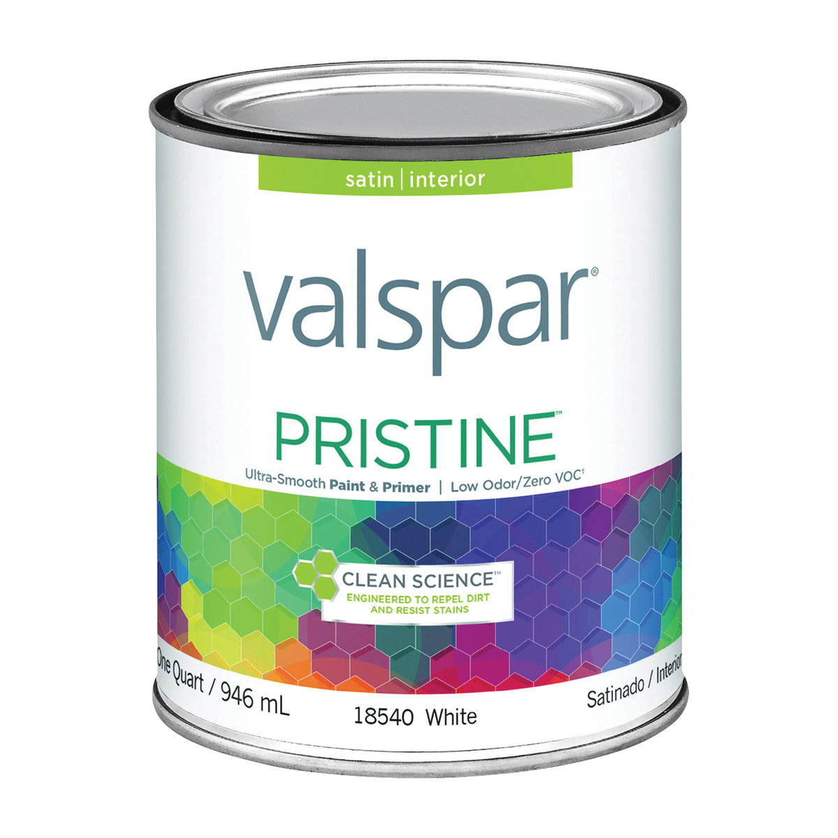 Valspar Pristine 18540 Series 027.0018540.005 Interior Paint, Satin, White, 1 qt, Can, Latex Base, Resists: Stain