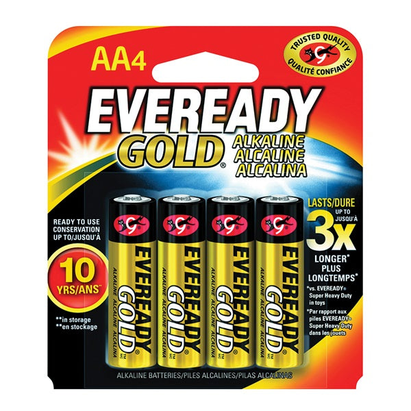 Eveready A91 A91BP-4 Battery, 1.5 V Battery, 2700 mAh, AA Battery, Alkaline, Manganese Dioxide, Zinc