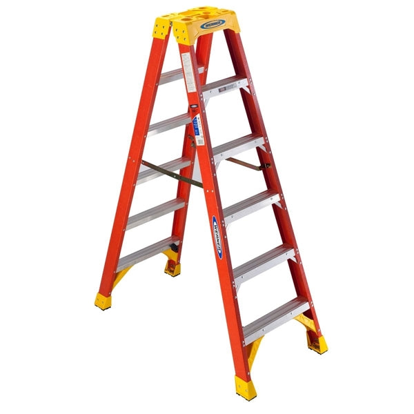WERNER T6200 Series T6206 Twin Ladder, 6 ft H, Type IA Duty Rating, Fiberglass, 300 lb