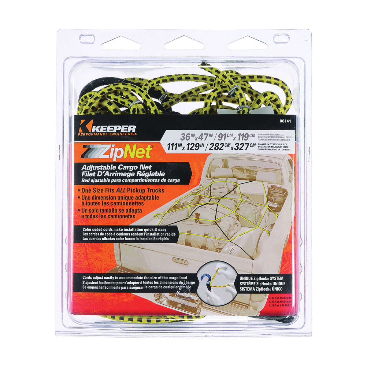 KEEPER ZipNet 06141 Adjustable Cargo Net, 86 in L, 74 in W, Rubber, Black/Yellow