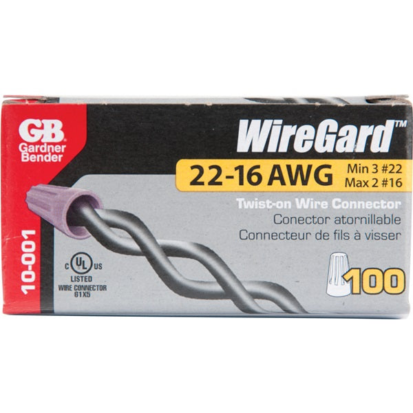 GB WireGard GB-1 10-001 Wire Connector, 22 to 16 AWG Wire, Steel Contact, Polypropylene Housing Material, Gray