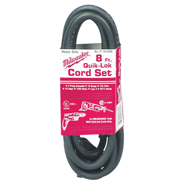 Milwaukee QUIK-LOK 48-76-4008 Extension Cord, 18 AWG Cable, 8 ft L, 10 A, 125 V