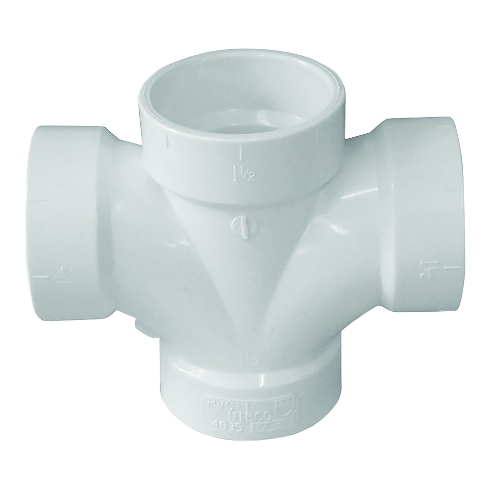 GENOVA 700 Series 73515 Reducing Double Sanitary Pipe Tee, 1-1/2 in, Hub, PVC, SCH 40 Schedule