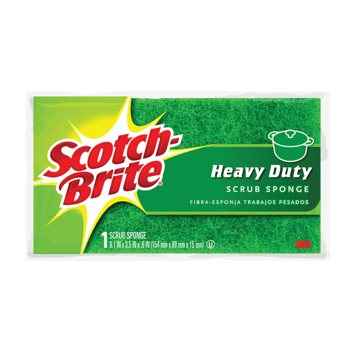 Scotch-Brite 455 Scrub Sponge, 6.1 in L, 3-1/2 in W, 0.6 in Thick, Cellulose/Synthetic Fiber, Green/Yellow