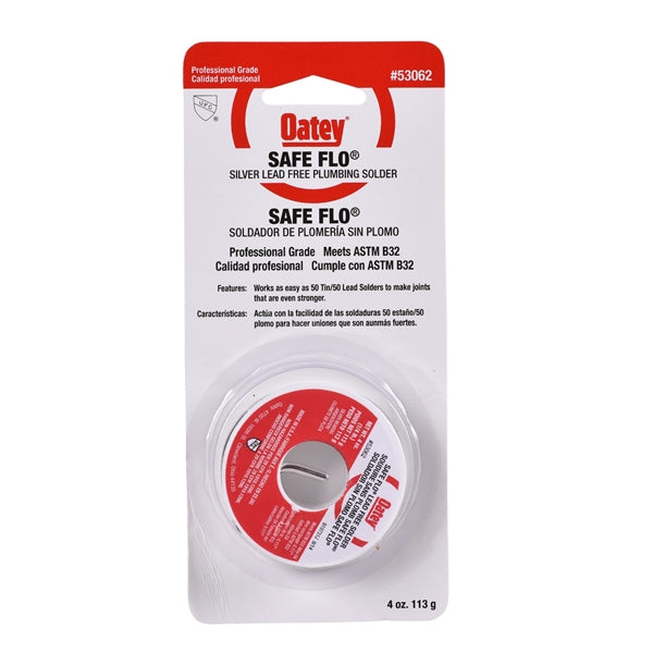 Oatey Safe-Flo 53062 Wire Solder, 1/4 lb Carded, Solid, Gray/Silver, 415 to 455 deg F Melting Point