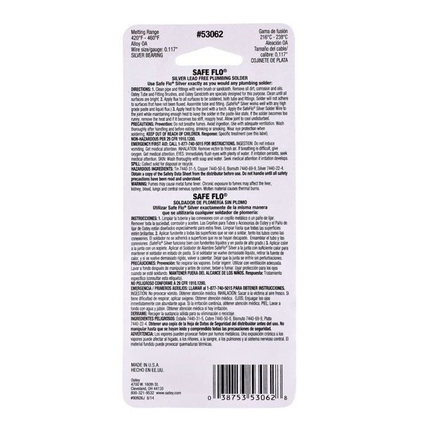 Oatey Safe-Flo 53062 Wire Solder, 1/4 lb Carded, Solid, Gray/Silver, 415 to 455 deg F Melting Point