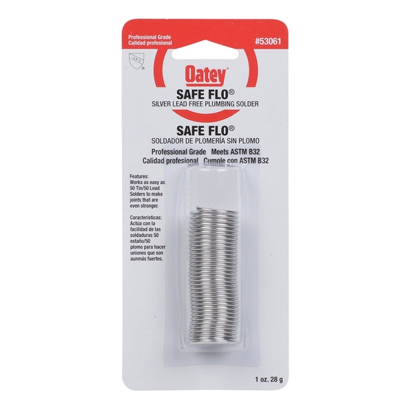 Oatey Safe-Flo 53061 Wire Solder, 1 oz Carded, Solid, Gray/Silver, 415 to 455 deg F Melting Point