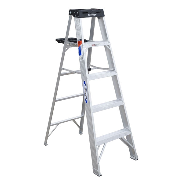 WERNER 375 Step Ladder, 9 ft Max Reach H, 4-Step, 300 lb, Type IA Duty Rating, 3 in D Step, Aluminum, Black