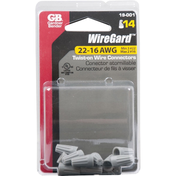 GB WireGard GB-1 19-001 Wire Connector, 22 to 16 AWG Wire, Steel Contact, Polypropylene Housing Material, Gray