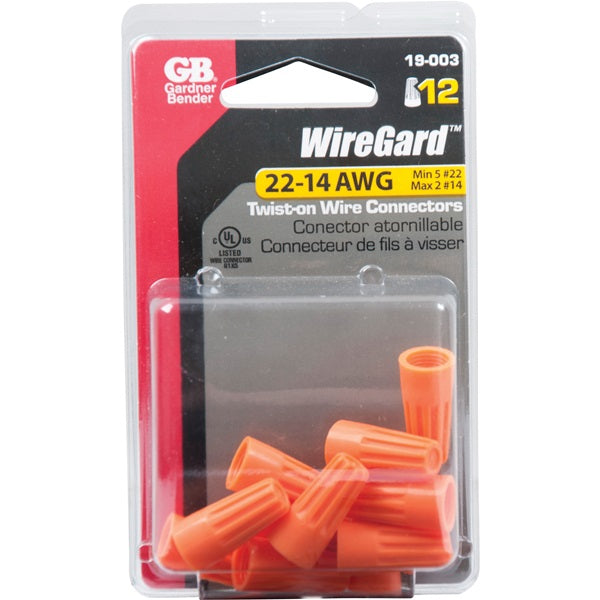 GB WireGard GB-3 19-003 Wire Connector, 22 to 14 AWG Wire, Steel Contact, Thermoplastic Housing Material, Orange
