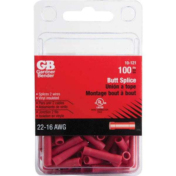 GB 10-121 Butt Splice Connector, 600 V, 22 to 18 AWG Wire, Red