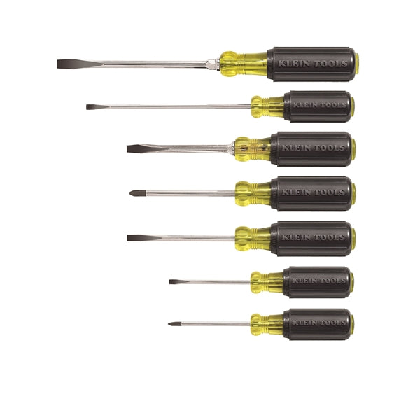 KLEIN TOOLS 85076 General Purpose Screwdriver Set, 7-Piece, Steel, Chrome, Black, Specifications: Round, Square Shank