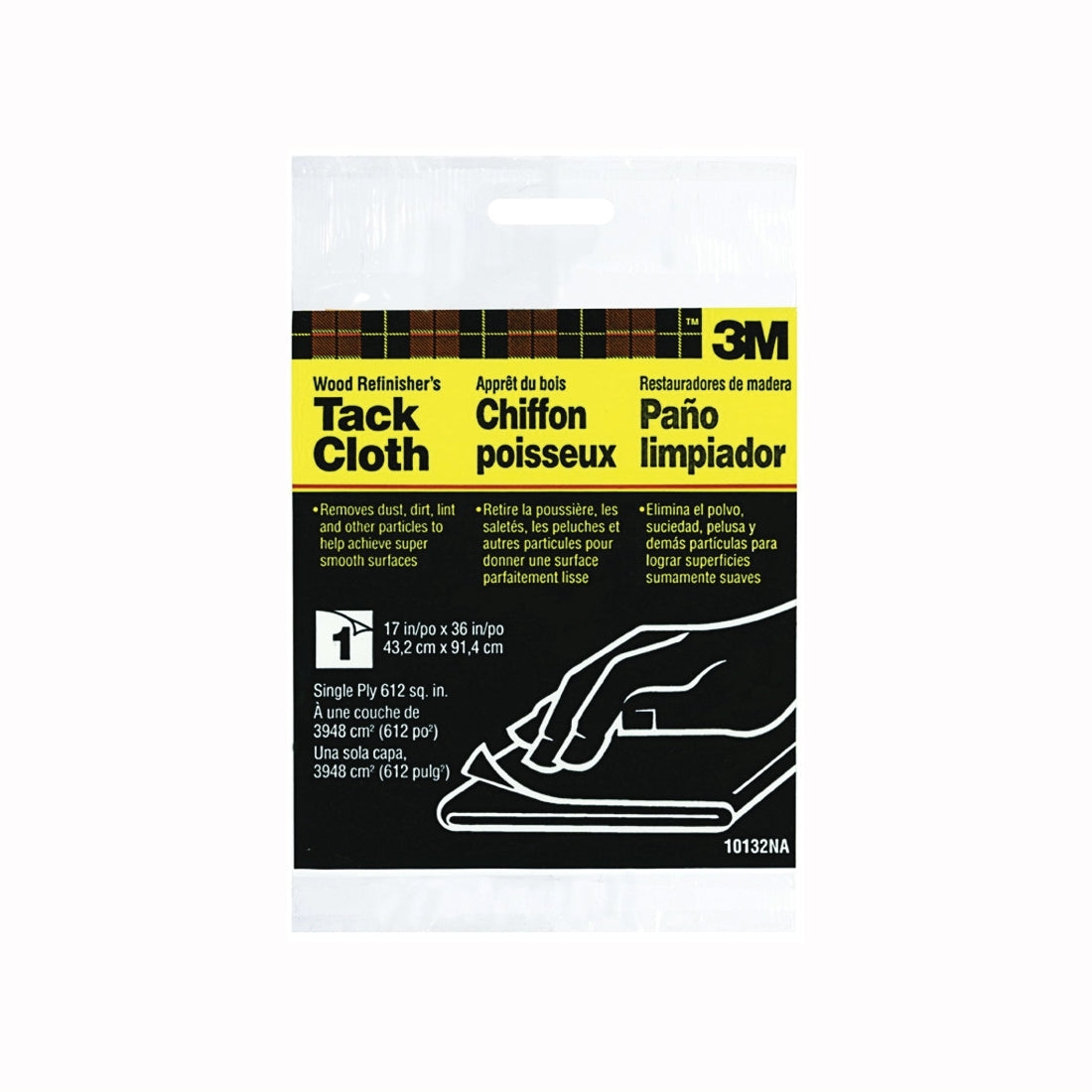 3M 10132 Tack Cloth, 36 in L, 17 in W, Synthetic Fabric, White, 1-Ply