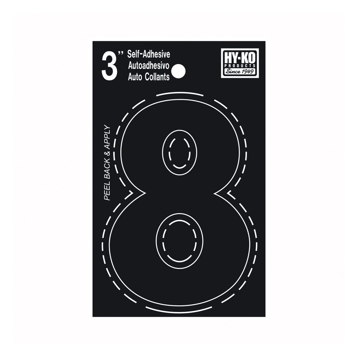 HY-KO 30400 Series 30408 Die-Cut Number, Character: 8, 3 in H Character, Black Character, Vinyl