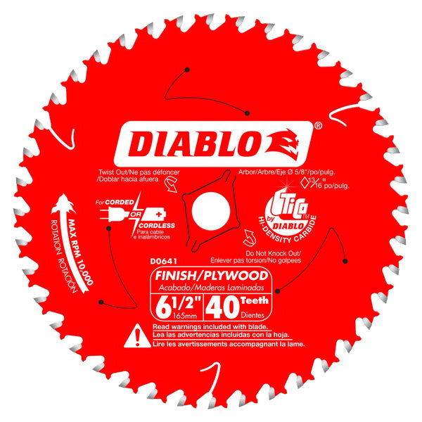 Diablo D0641X Circular Saw Blade, 6-1/2 in Dia, 5/8 in Arbor, 40-Teeth, Carbide Cutting Edge