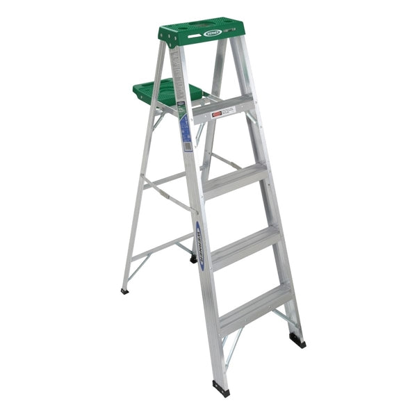 WERNER 355 Step Ladder, 9 ft Max Reach H, 4-Step, 225 lb, Type II Duty Rating, 3 in D Step, Aluminum, Green