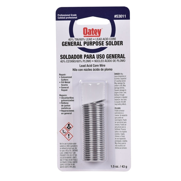 Oatey 53011 Acid Core Wire Solder, 1.5 oz Carded, Solid, Silver, 360 to 460 deg F Melting Point