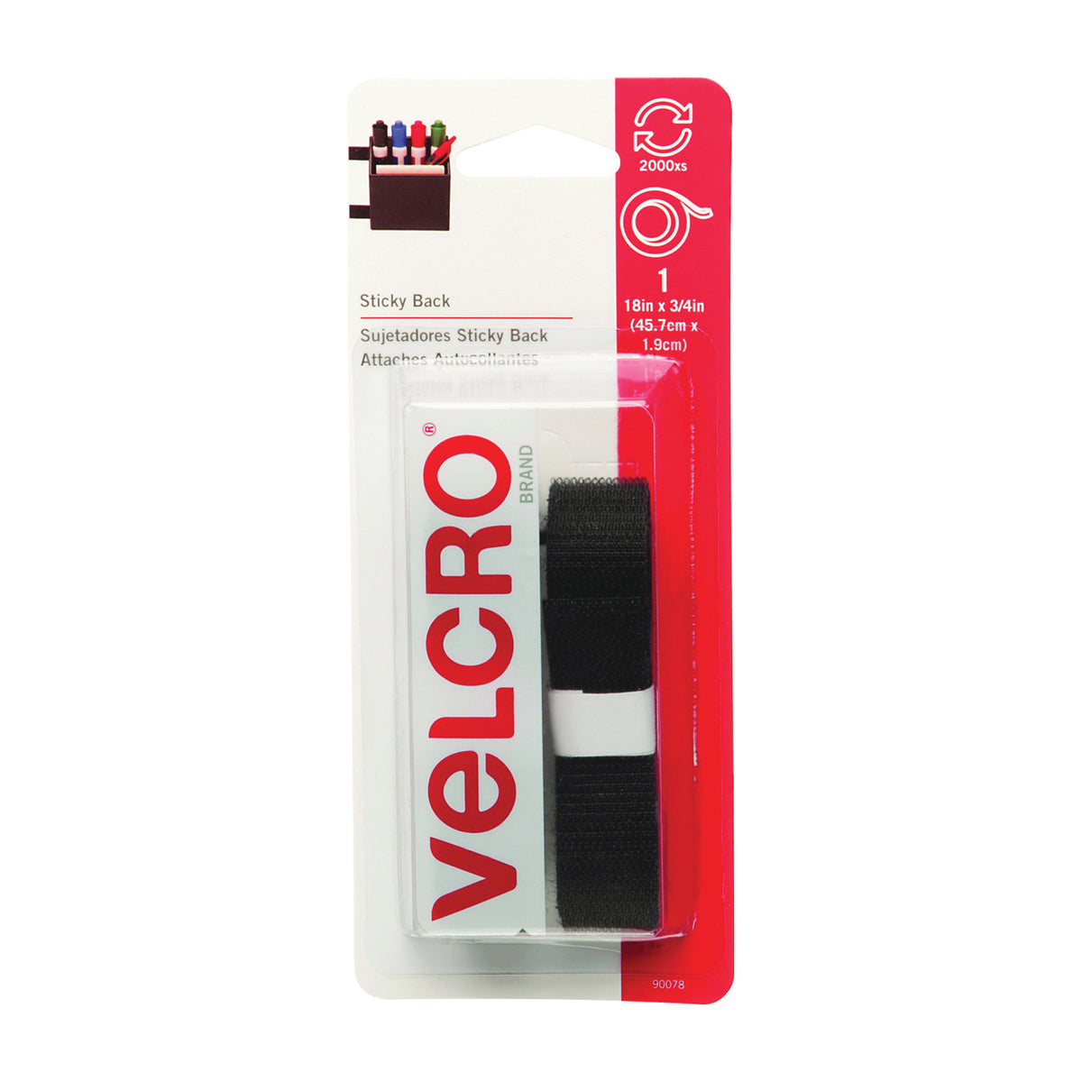 VELCRO Brand 90078 Fastener, 3/4 in W, 18 in L, Nylon, Black, Rubber Adhesive