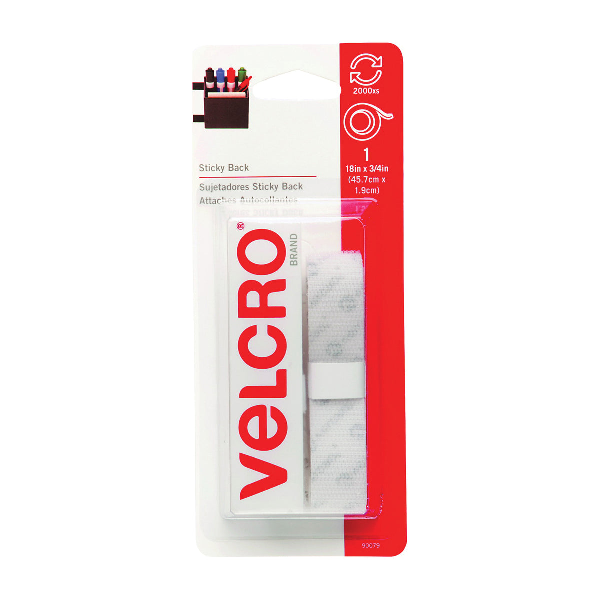 VELCRO Brand 90079 Fastener, 3/4 in W, 18 in L, Nylon, White, Rubber Adhesive