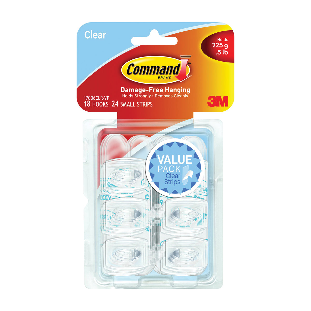 Command 17006CLR-VP Adhesive Hook, 0.5 lb, 18-Hook, Plastic, Clear
