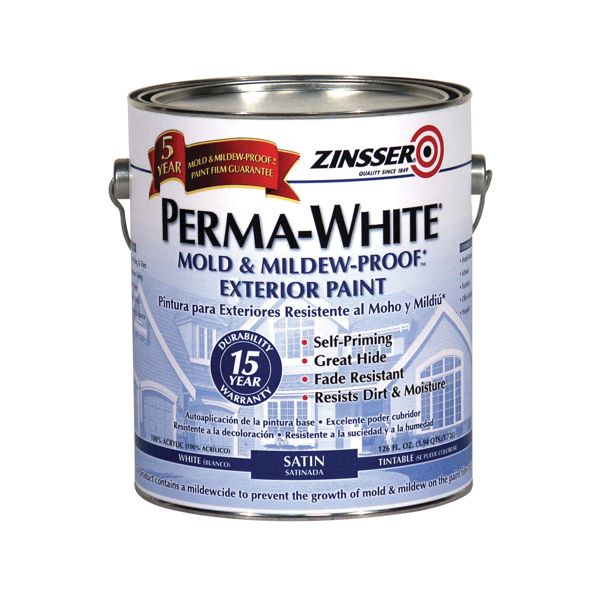 ZINSSER 03101 Latex Paint, Satin, White, 1 gal, Can, Resists: Dirt, Fade, Moisture