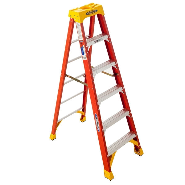 WERNER 6206 Step Ladder, 6 ft H, Type IA Duty Rating, Fiberglass, 300 lb