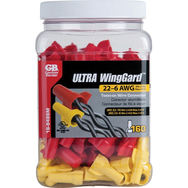 GB WingGard 16-8486M Ultra-Wire Connector, 22 to 6 AWG Wire, Thermoplastic Housing Material, Red/Yellow