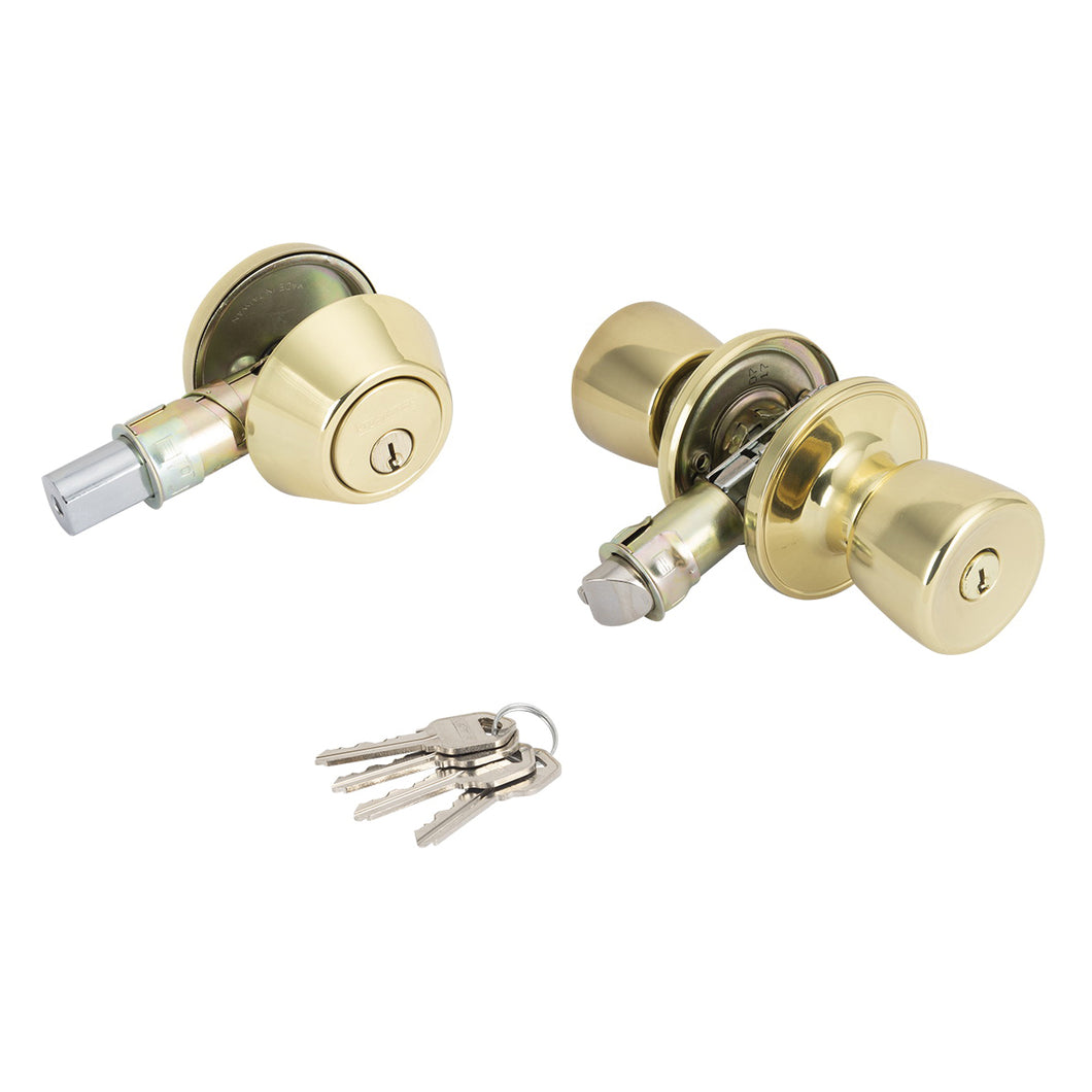Prosource Mobile Home Deadbolt and Entry Lockset, 3 Grade, Tulip Handle, Keyed Alike Key, Brass, Polished Brass