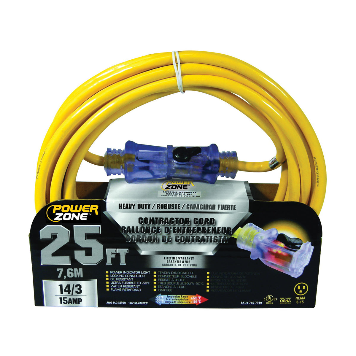 PowerZone ORP511725 Extension Cord, 14 AWG Cable, 25 ft L, 15 A, 125 V, Yellow