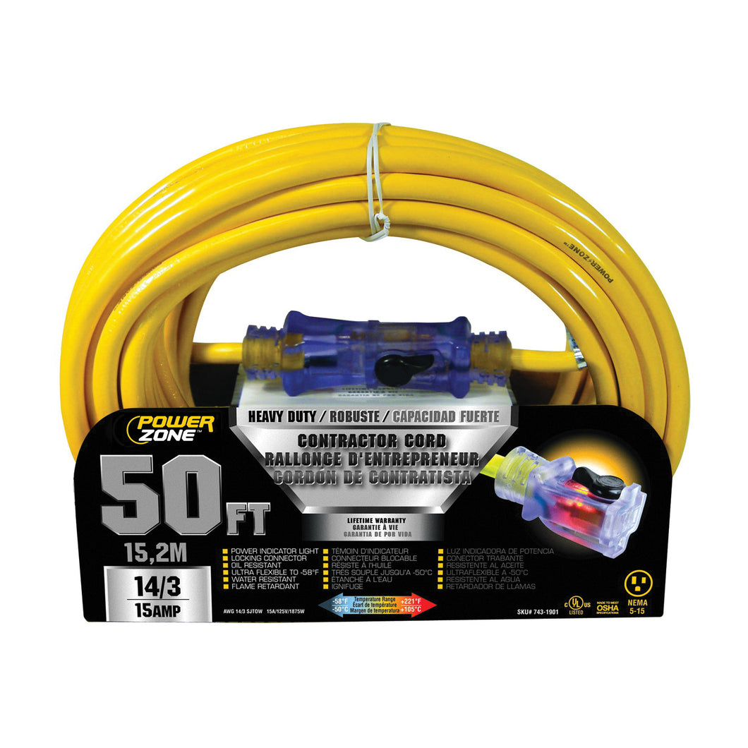 PowerZone ORP511730 Contractor Cord, 14 AWG Cable, 50 ft L, 15 A, 125 V, Yellow