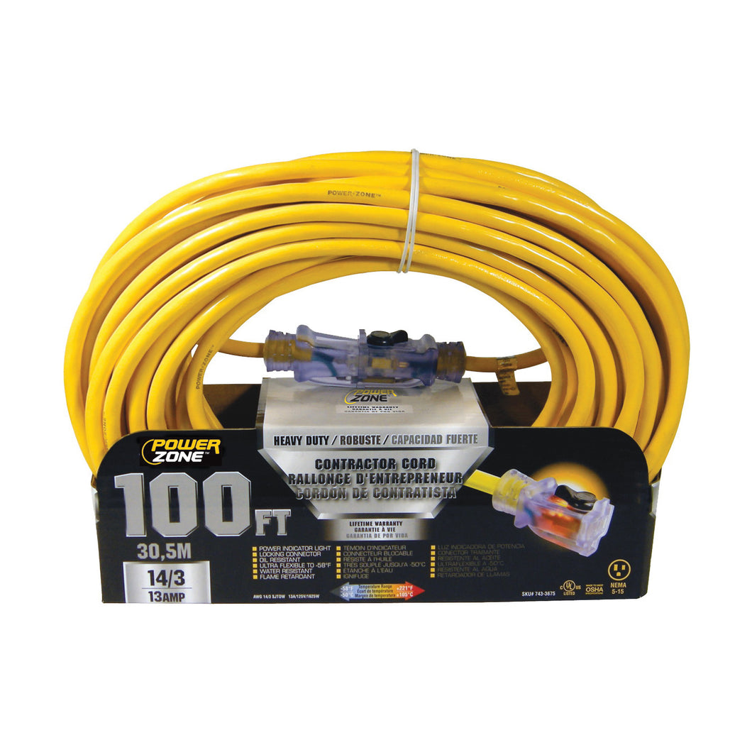 PowerZone ORP511735 Contractor Cord, 14 AWG Cable, 100 ft L, 13 A, 125 V, Yellow