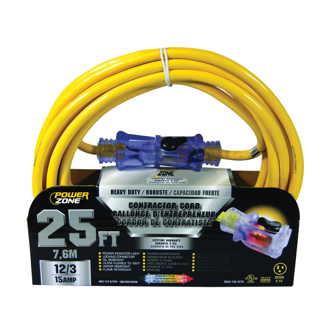 PowerZone ORP511825 Contractor Cord, 12 AWG Cable, 25 ft L, 15 A, 125 V, Yellow