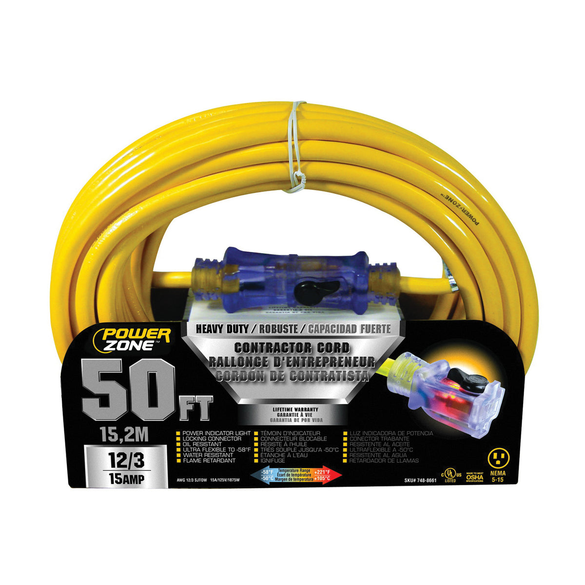 PowerZone ORP511830 Contractor Cord, 12 AWG Cable, 50 ft L, 15 A, 125 V, Yellow