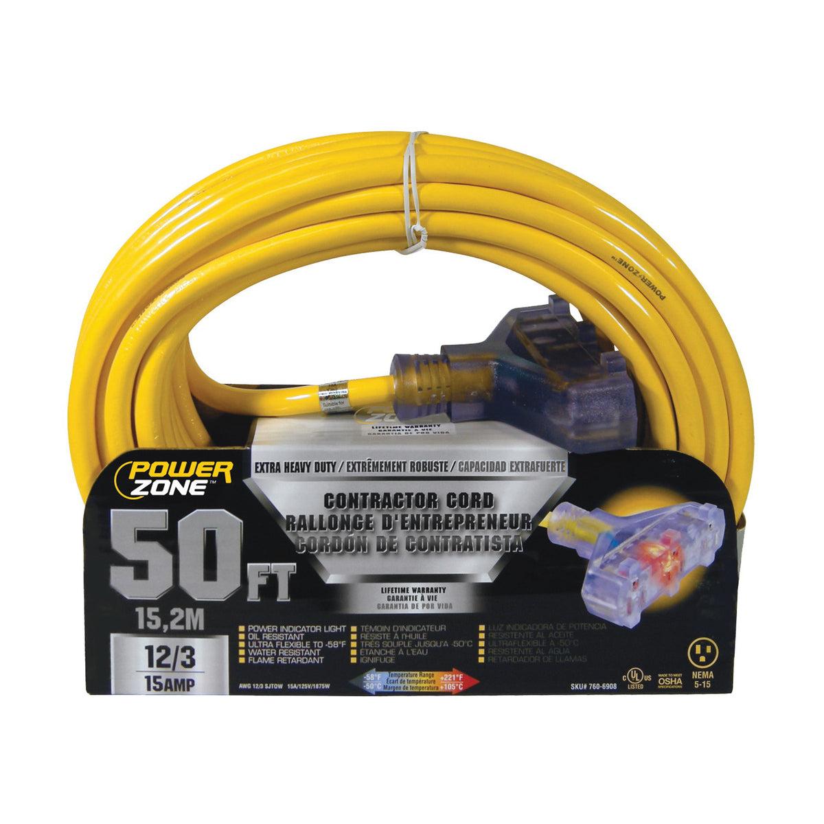 PowerZone ORP611830 Contractor Cord, 12 AWG Cable, 50 ft L, 15 A, 125 V, Yellow