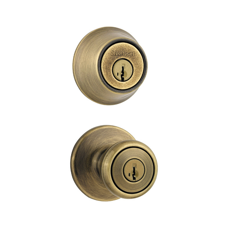 Kwikset 695T5CP6ALRCSK6 Knob Lockset, 3 Grade, Keyed Key, Antique Brass, 2-3/8 x 2-3/4 in Backset, K6 Keyway