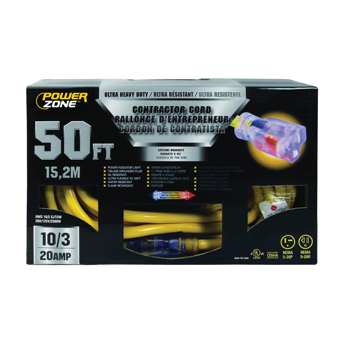 PowerZone ORP711930 Contractor Cord, 10 AWG Cable, 50 ft L, 20 A, 125 V, Yellow