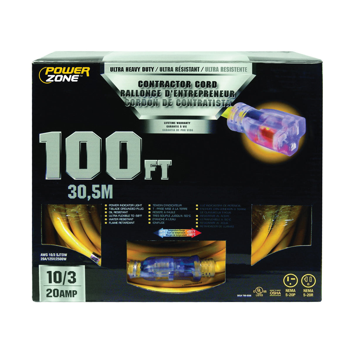 PowerZone ORP711935 Contractor Cord, 10 AWG Cable, 100 ft L, 20 A, 125 V, Yellow