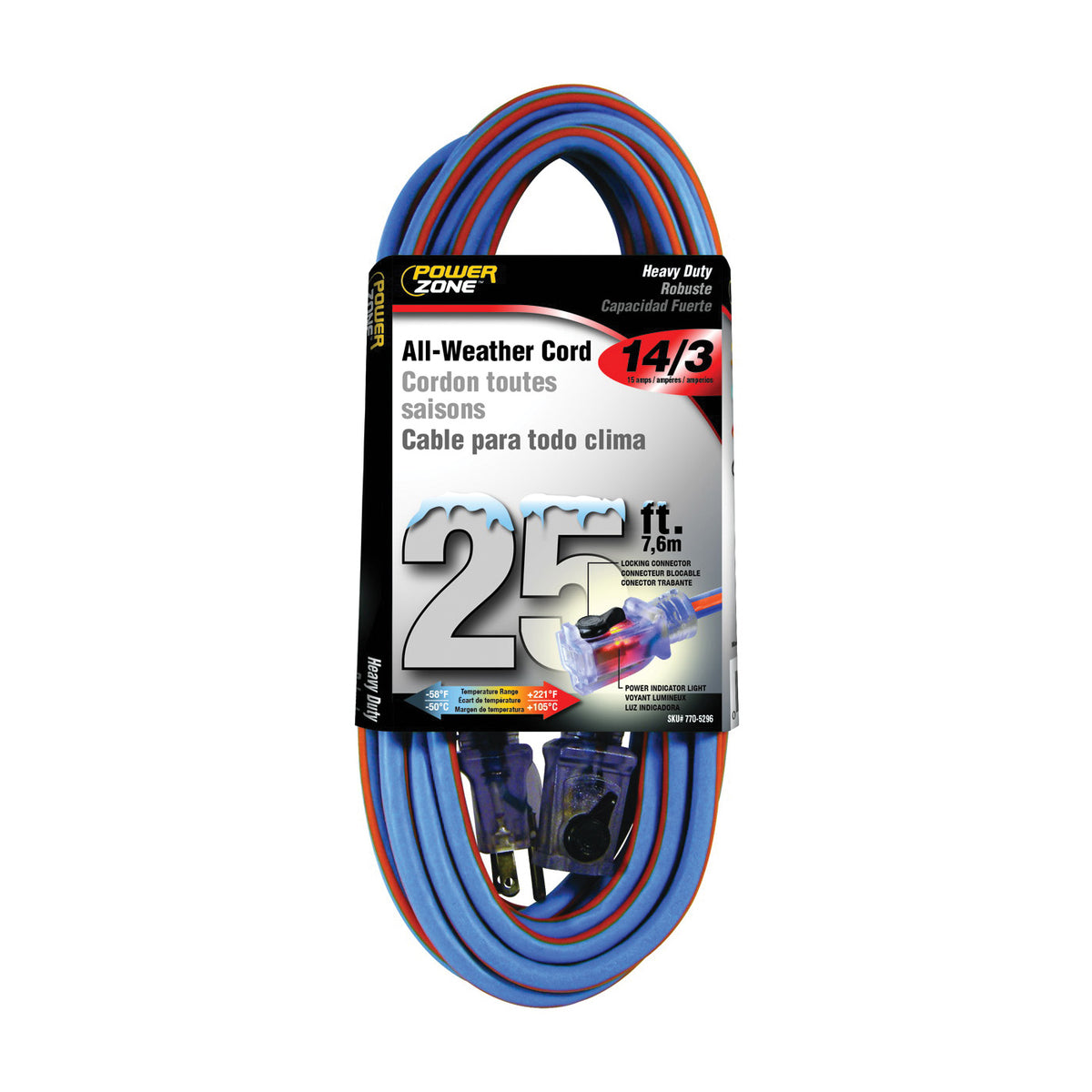 PowerZone ORC530725 Extension Cord, 14 AWG Cable, Grounded Plug, Grounded Receptacle, 25 ft L, 15 A, 125 V